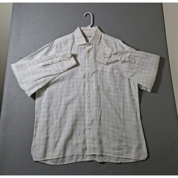 Peter Millar Men's 100% Linen Shirt L White Blue Tattersall Check  Long Sleeve - Picture 1 of 9